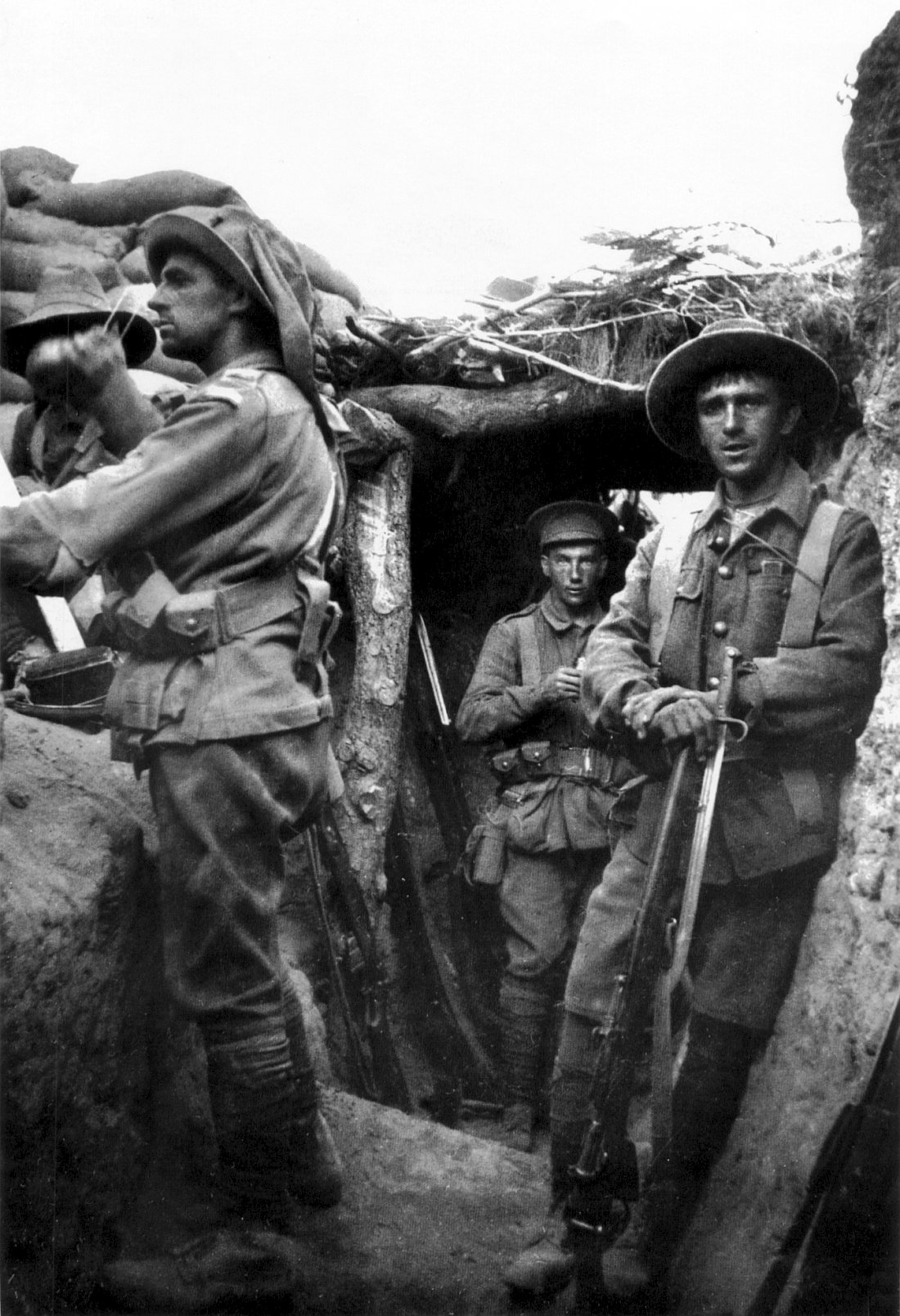 Infantry from the Australian 1st Brigade in a captured Turkish trench at Lone Pine, 6 August 1915, during the Battle of Gallipoli. Also present are members of the 7th Battalion, of the 2nd Brigade.