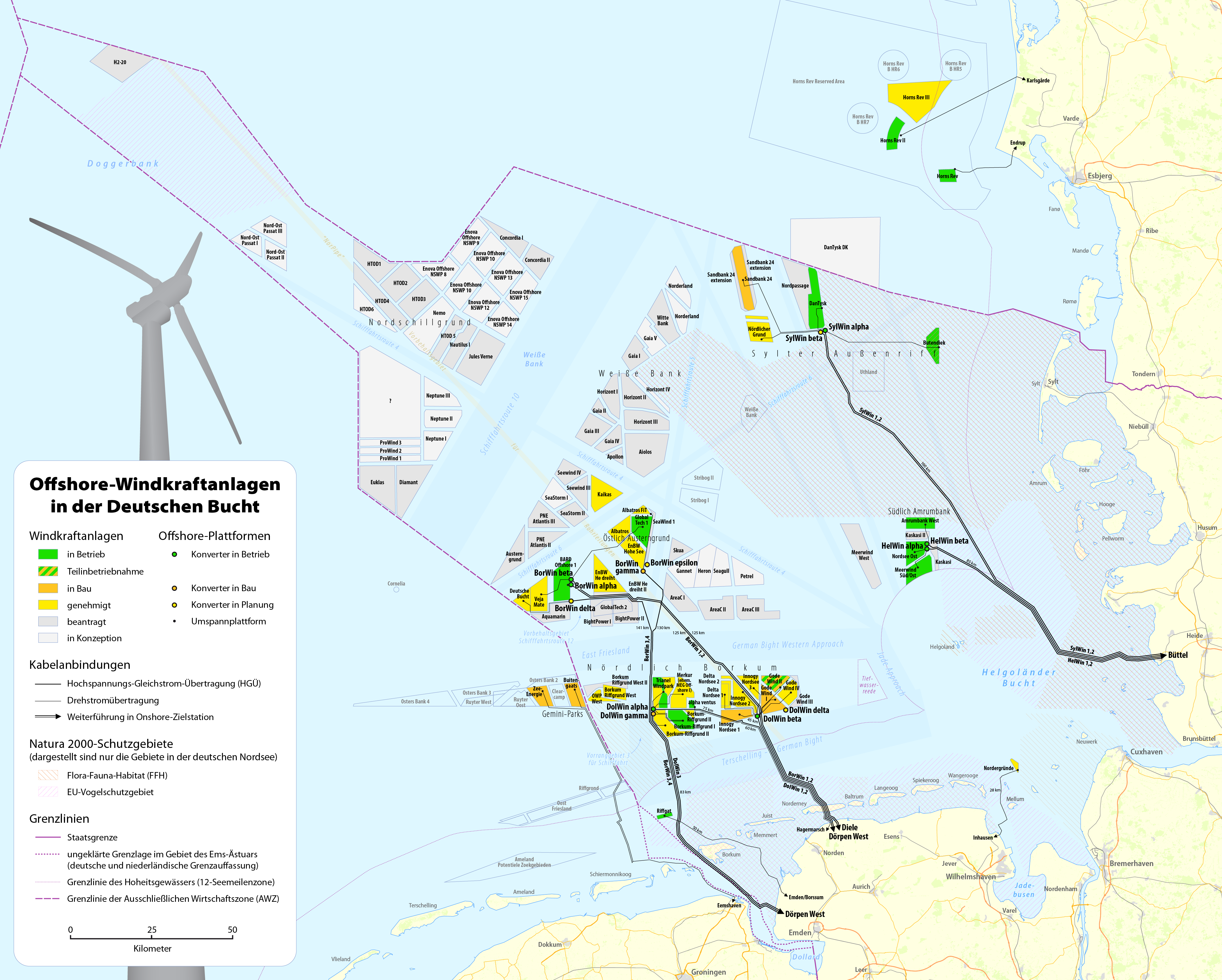 Karte Offshore-Windkraftanlagen in der Deutschen Bucht